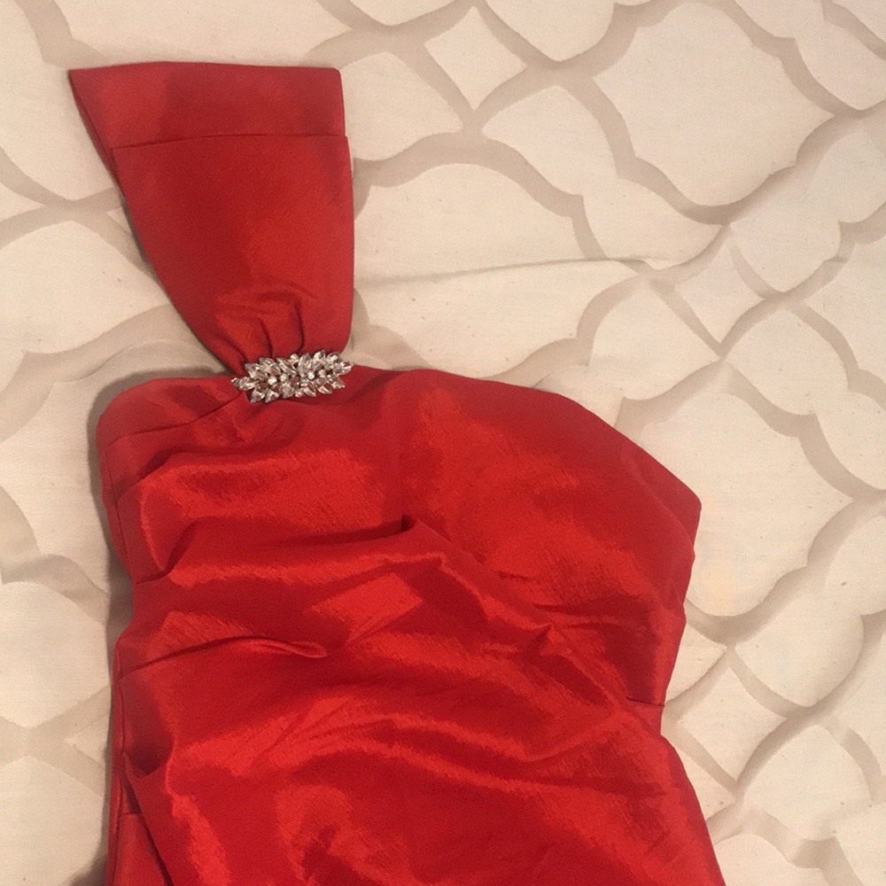 Nightway Red Floor Length Gown with Rhinestone Pendant